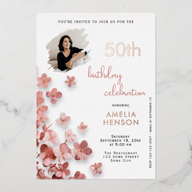 Invitation En Aluminium Fleurs de Parties scintillant rose Floral 50e anni (Recto)