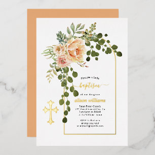 Invitation En Aluminium Fleurs de pêche corail et baptême floral arch doré
