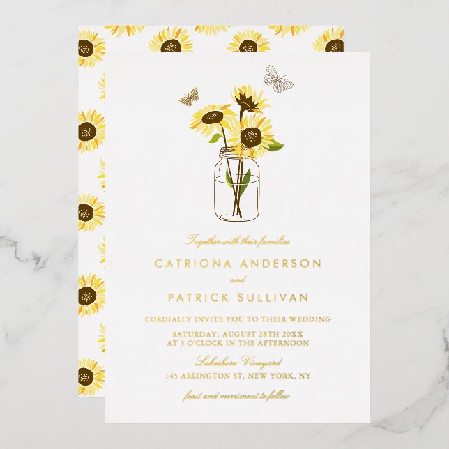 Invitation En Aluminium Fleurs de soleil à Mason Jar Pays Mariage rustique (Recto/Verso)