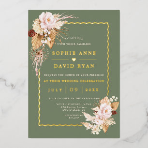 Invitation En Aluminium Fleurs de teinte dorée sauge vert gazon mariage
