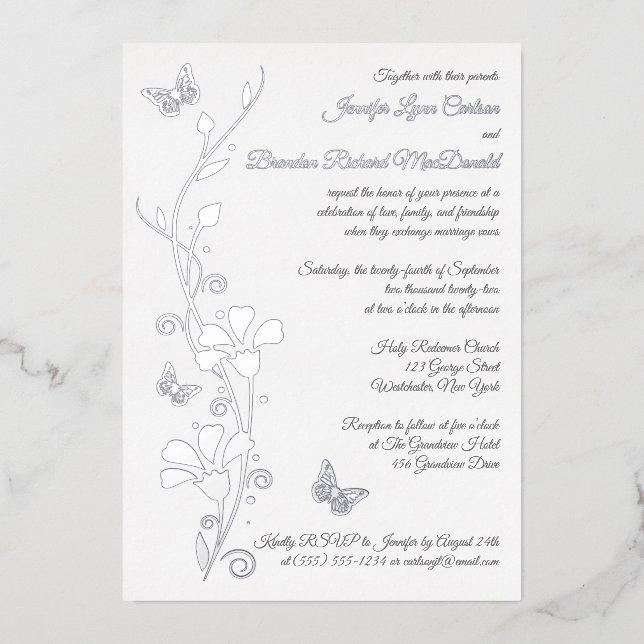 Invitation En Aluminium Fleurs d'huile d'argent et papillons de mariage In (Recto)
