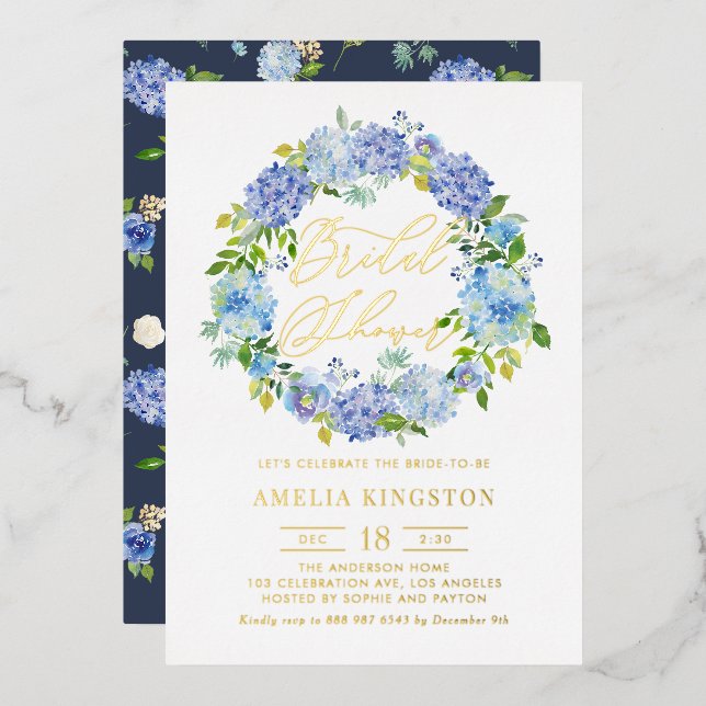 Invitation En Aluminium Fleurs d'Hydrangée Bleue Fête des mariées de couro (Recto/Verso)