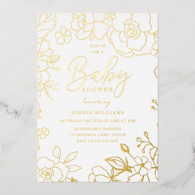 Invitation En Aluminium Fleurs Élégantes Dorées pour Baby Shower en Or Rée (Recto)