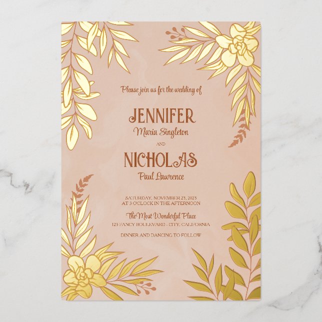 Invitation En Aluminium Fleurs élégantes et ornements Feuille pour Mariage (Recto)