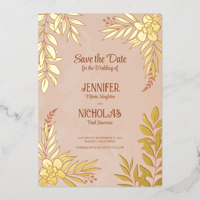 Invitation En Aluminium Fleurs élégantes et ornements Feuille pour Mariage (Recto)