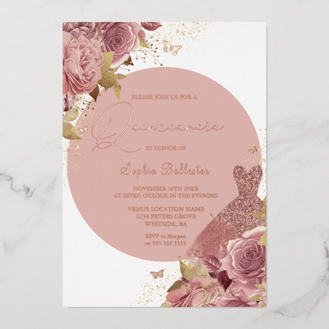 Invitation En Aluminium Fleurs et robe Blush Quinceanera Rose Gold (Recto)
