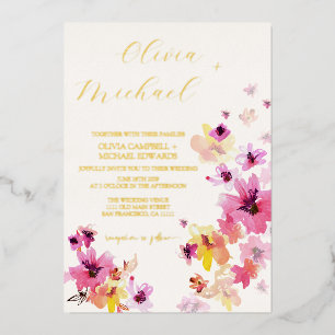 Invitation En Aluminium Fleurs jaunes florales roses Mariage or botanique