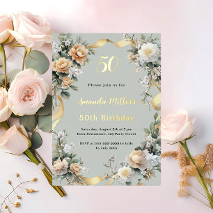 Invitation En Aluminium Fleurs jaunes vert sauge luxe or anniversaire