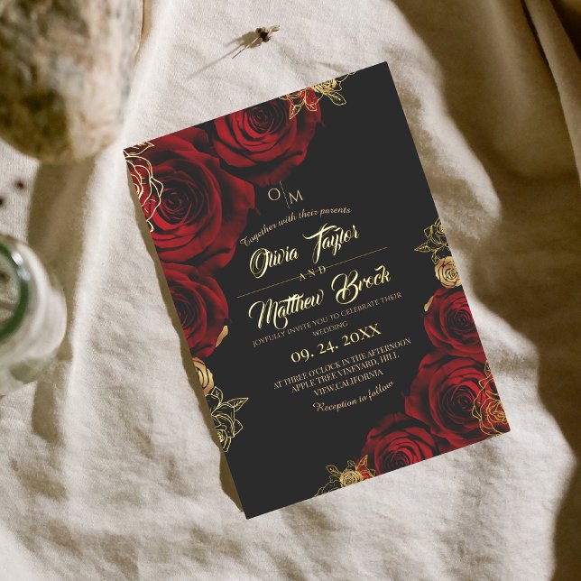 Invitation En Aluminium Fleurs noires et rouges Mariage à huile or (Créateur téléchargé)
