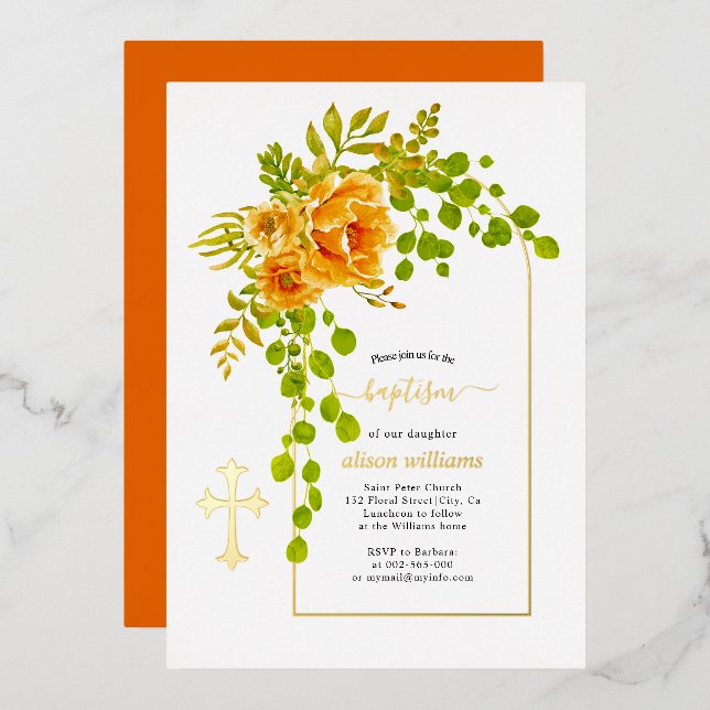 Invitation En Aluminium Fleurs orangées et arcs fleuris baptême or (Recto/Verso)