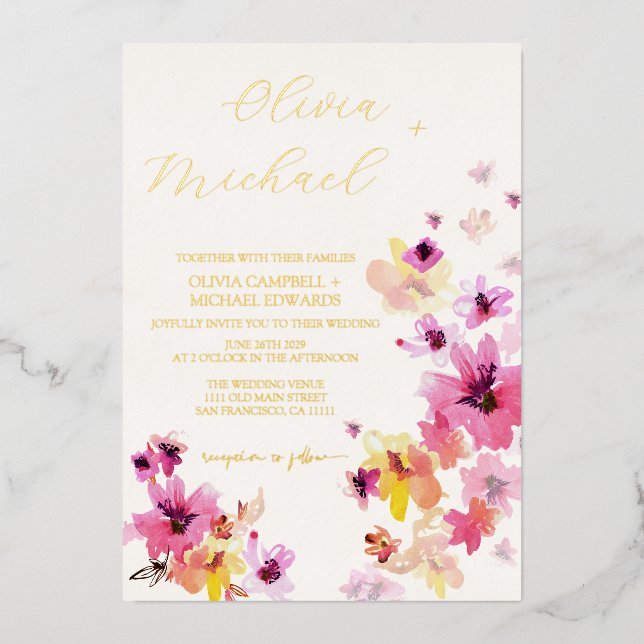 Invitation En Aluminium Fleurs rose fleurie Jaune Mariage Botanique Or (Recto)