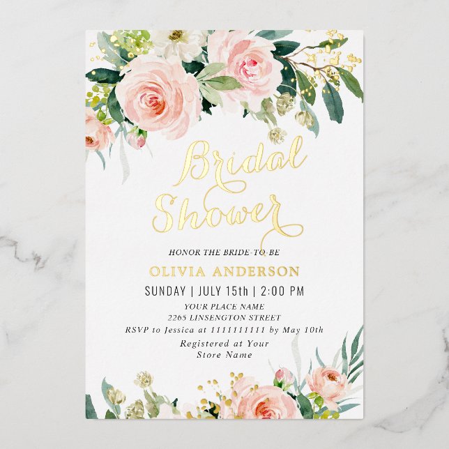 Invitation En Aluminium Fleurs rose pâle Aquarelle Fête des mariées or (Recto)