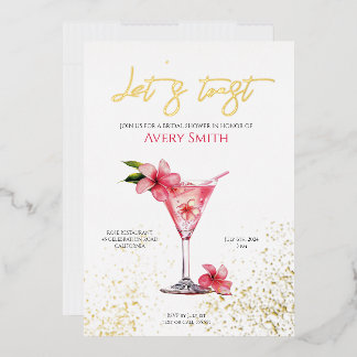 Invitation En Aluminium Fleurs roses et cocktails Fête des mariées feuille