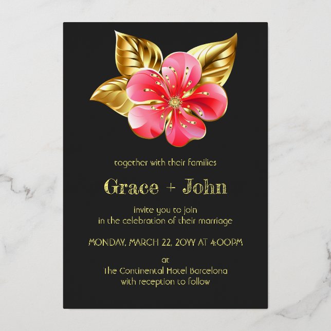 Invitation En Aluminium Fleurs roses et dorées (Recto)