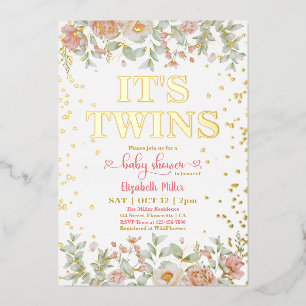 Invitation En Aluminium Fleurs roses florissantes Baby shower Twin Girls