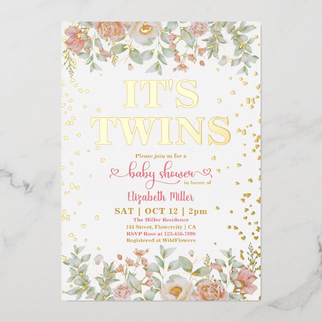 Invitation En Aluminium Fleurs roses florissantes Baby shower Twin Girls (Recto)