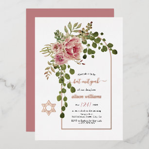 Invitation En Aluminium Fleurs roses poussiéreuses, arche Bat mitzvah or r