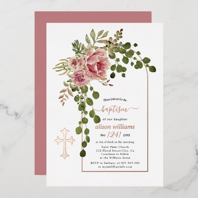 Invitation En Aluminium Fleurs roses poussiéreuses, arche fleurie baptême  (Recto/Verso)
