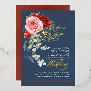 Invitation En Aluminium Fleurs roses rouges bordeaux Boho Navy Mariage ble