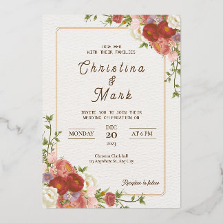 Invitation En Aluminium Fleurs rouges foncées. Floral simple Mariage
