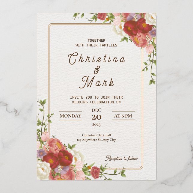 Invitation En Aluminium Fleurs rouges foncées. Floral simple Mariage (Recto)