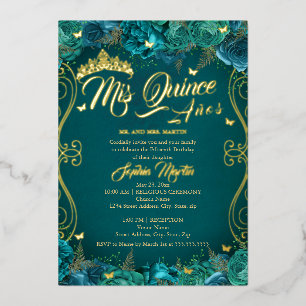 Invitation En Aluminium Fleurs sarcelle or défilement Mis Quince Quinceane