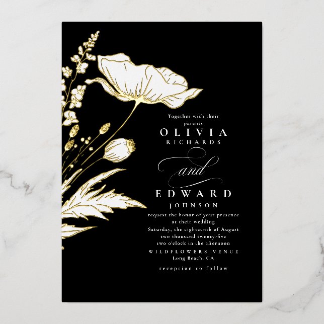 Invitation En Aluminium Fleurs sauvages dessinés à la main Élégant Mariage (Recto)