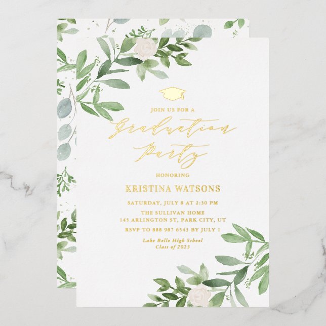 Invitation En Aluminium Fleurs vertes et blanches Graduation Party (Recto/Verso)