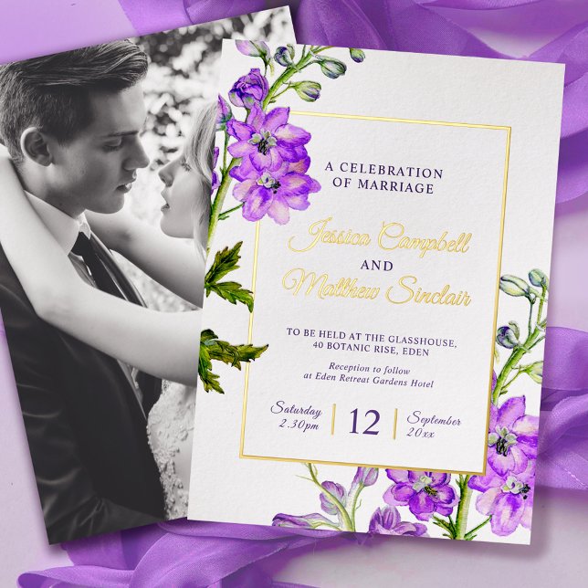 Invitation En Aluminium Fleurs violettes de Delphinium et or mariage d'été (Créateur téléchargé)