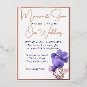 Invitation En Aluminium Fleurs violettes Élégant Mariage blanc