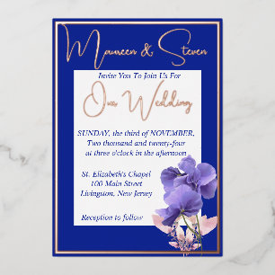 Invitation En Aluminium Fleurs violettes sur Mariage bleu et blanc royal