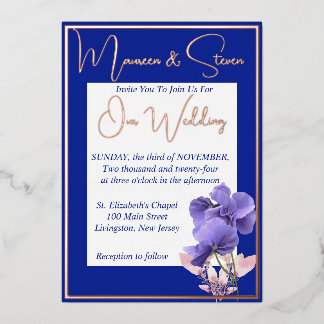 Invitation En Aluminium Fleurs violettes sur Mariage bleu et blanc royal