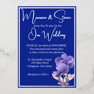 Invitation En Aluminium Fleurs violettes sur Mariage bleu royal Argent