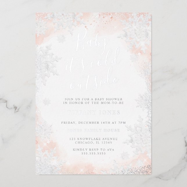 Invitation En Aluminium Flocon de neige Bébé il fait froid à l'extérieur d (Recto)
