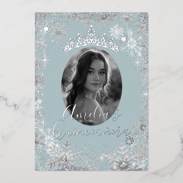 Invitation En Aluminium Flocon de neige bleu en argent d'hiver Photo Quinc (Recto)