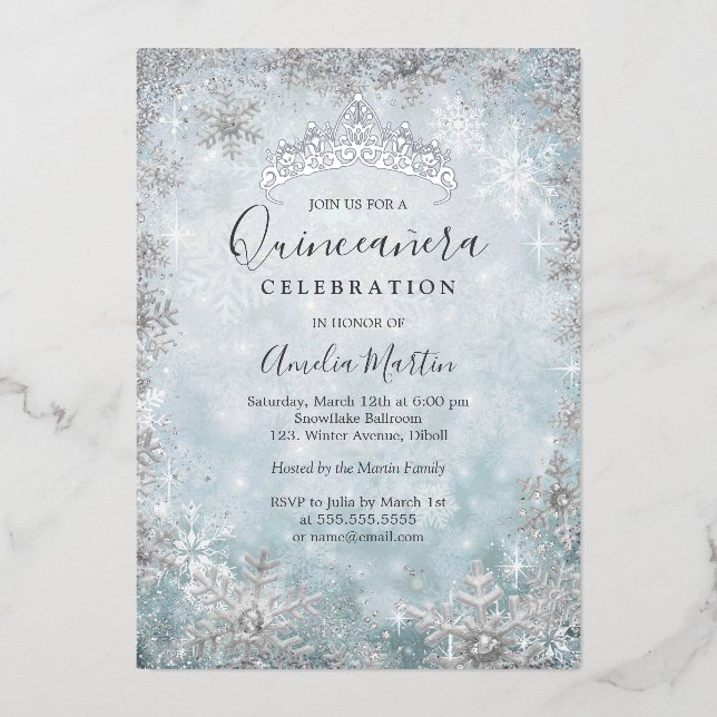 Invitation En Aluminium Flocon de neige bleu Silver Quinceanera (Recto)