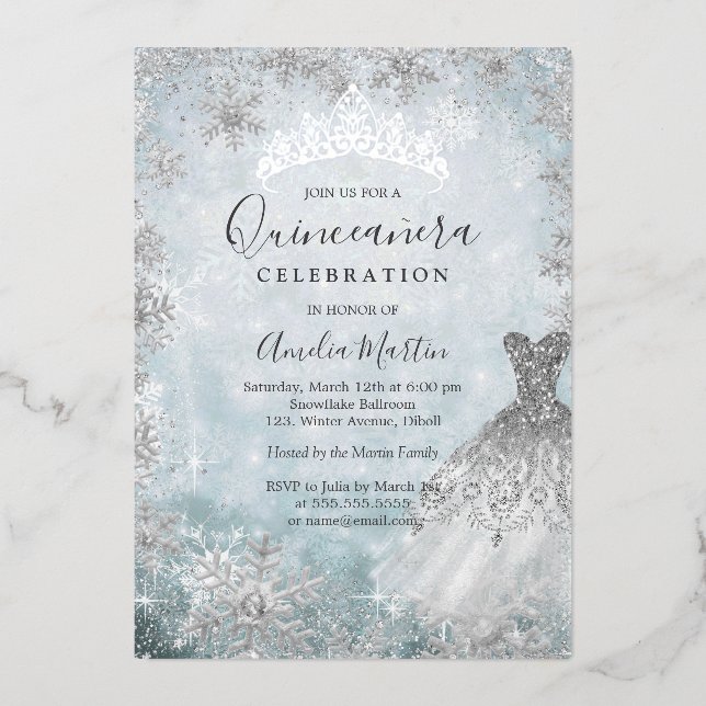 Invitation En Aluminium Flocon de neige d'hiver Argent Bleu Quinceanera Fo (Recto)