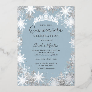 Invitation En Aluminium Flocon de neige Dusty Blue Silver Quinceanera