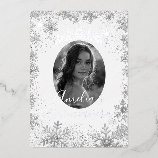 Invitation En Aluminium Flocon de neige en argent d'hiver Photo Quinceaner (Recto)
