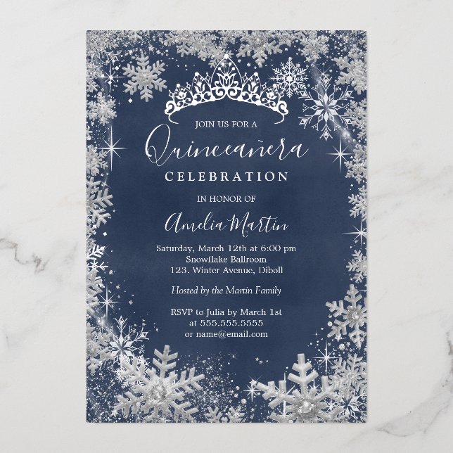 Invitation En Aluminium Flocon de neige en hiver Quinceanera Marine Silver (Recto)