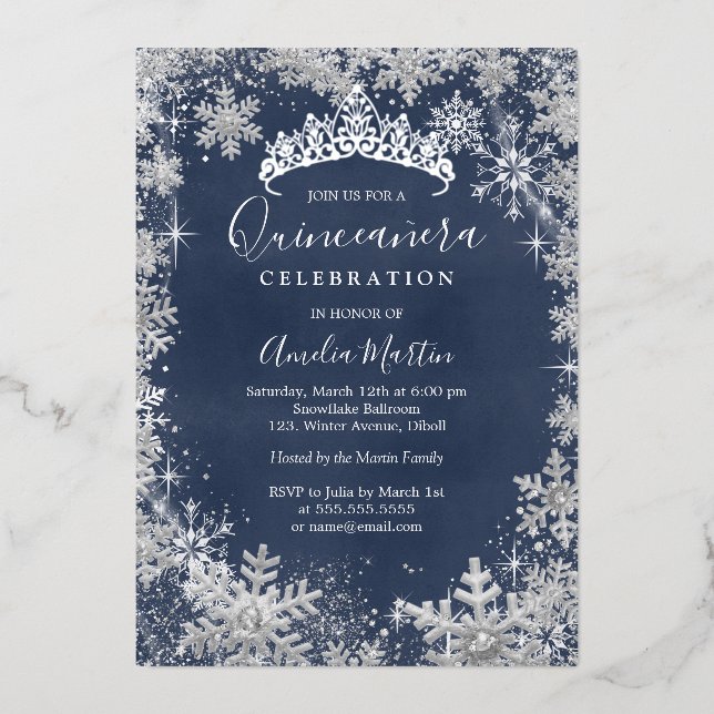 Invitation En Aluminium Flocon de neige en hiver Quinceanera Marine Silver (Recto)