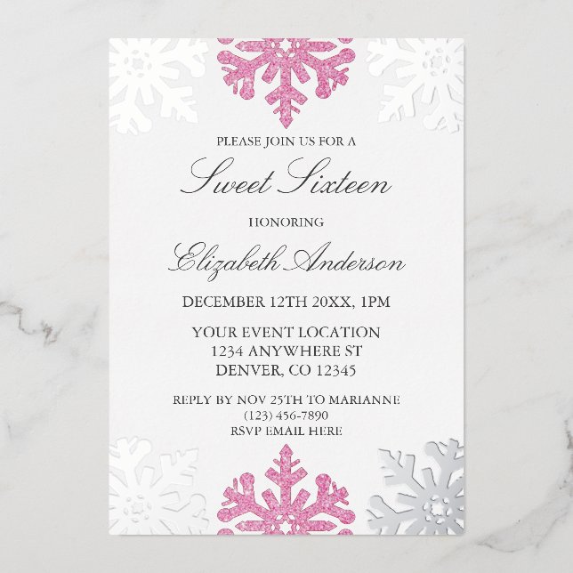 Invitation En Aluminium Flocon de neige rose argent Sweet hiver 16 (Recto)