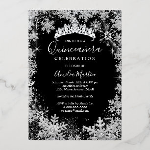 Invitation En Aluminium Flocon d'hiver Argent Noir Quinceanera