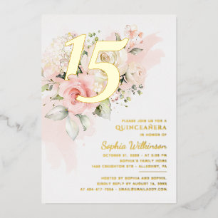 Invitation En Aluminium Floral 15e anniversaire Quinceanera Script Gold