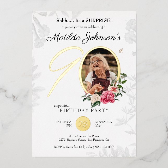 Invitation En Aluminium Floral 90e Anniversaire Surprise Chic Botanical Ph (Recto)