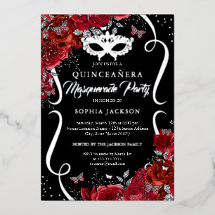 Invitation En Aluminium Floral Argent Rouge Scroll Masquerade Quinceanera