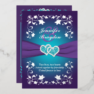 Invitation En Aluminium Floral argenté, violet, Turquoise Coeurs joints 2