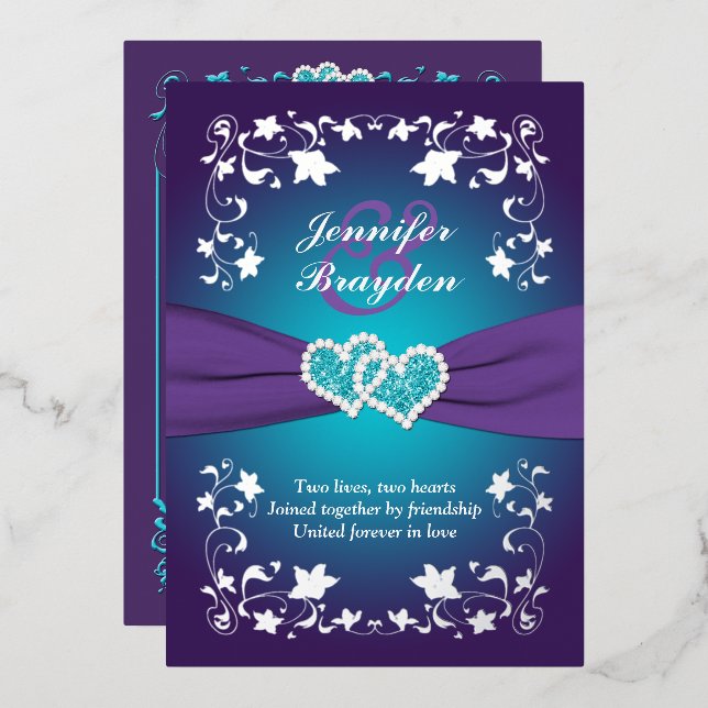 Invitation En Aluminium Floral argenté, violet, Turquoise Coeurs joints 2 (Recto/Verso)