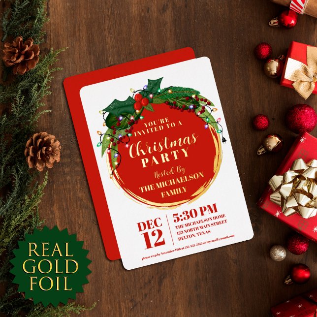 Invitation En Aluminium Floral Berry Wreath Christmas Lights Gold (Créateur téléchargé)