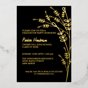 Invitation En Aluminium Floral Black and Gold Modern Graduation Party